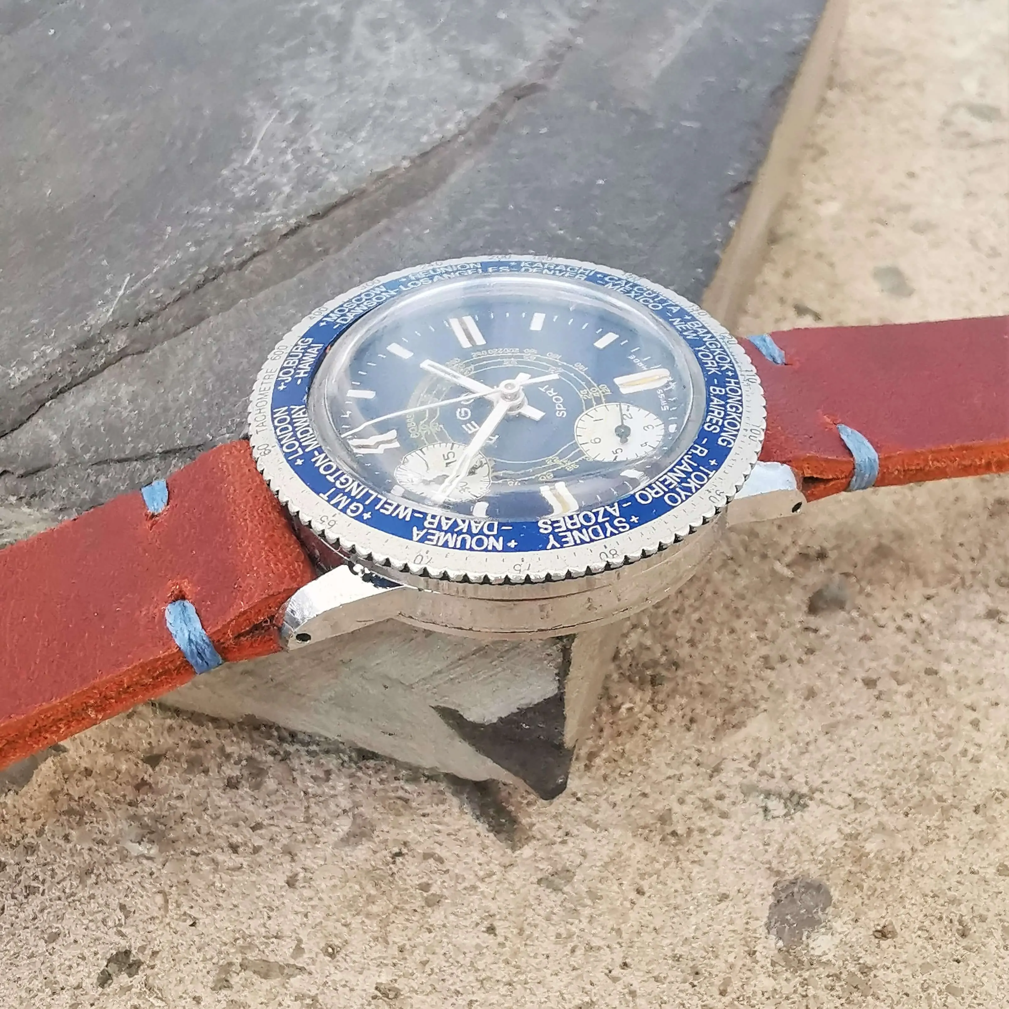 Vintage Men's Blue Swiss Rego Sport // Early 'Stop-Start' Chronograph Watch // With A Handcrafted Genuine Leather Strap