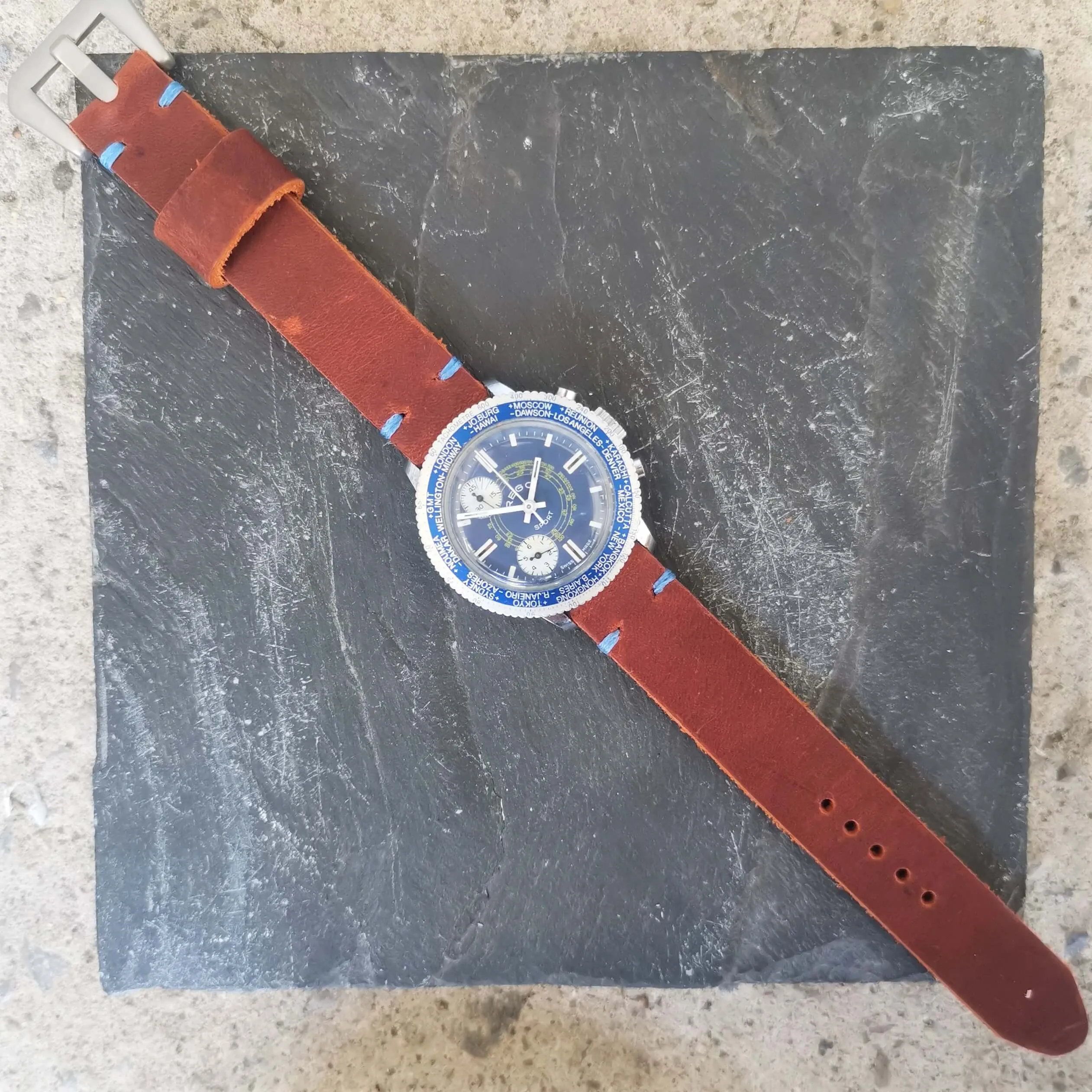 Vintage Men's Blue Swiss Rego Sport // Early 'Stop-Start' Chronograph Watch // With A Handcrafted Genuine Leather Strap