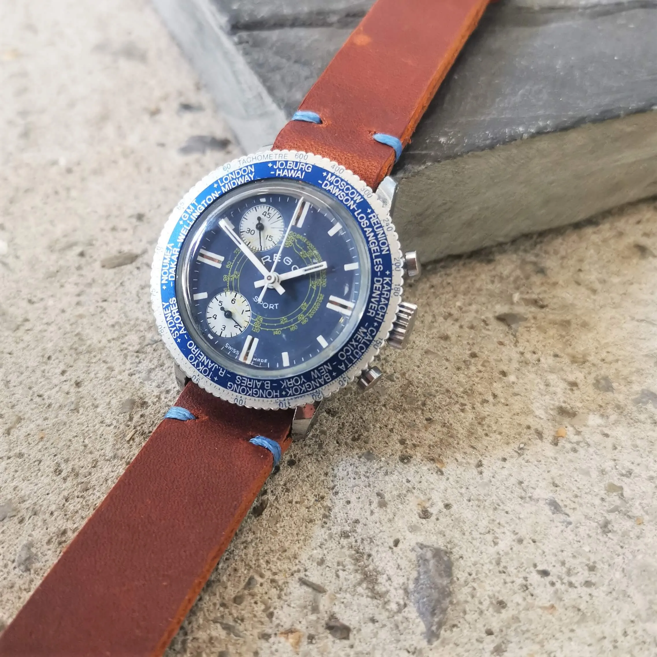 Vintage Men's Blue Swiss Rego Sport // Early 'Stop-Start' Chronograph Watch // With A Handcrafted Genuine Leather Strap