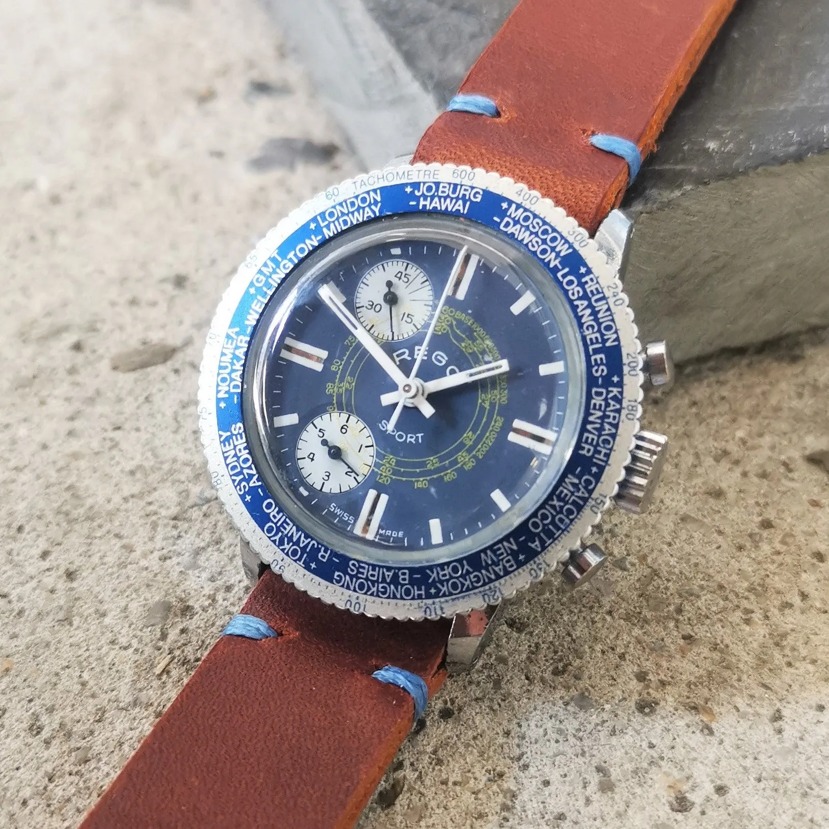 Vintage Men's Blue Swiss Rego Sport // Early 'Stop-Start' Chronograph Watch // With A Handcrafted Genuine Leather Strap