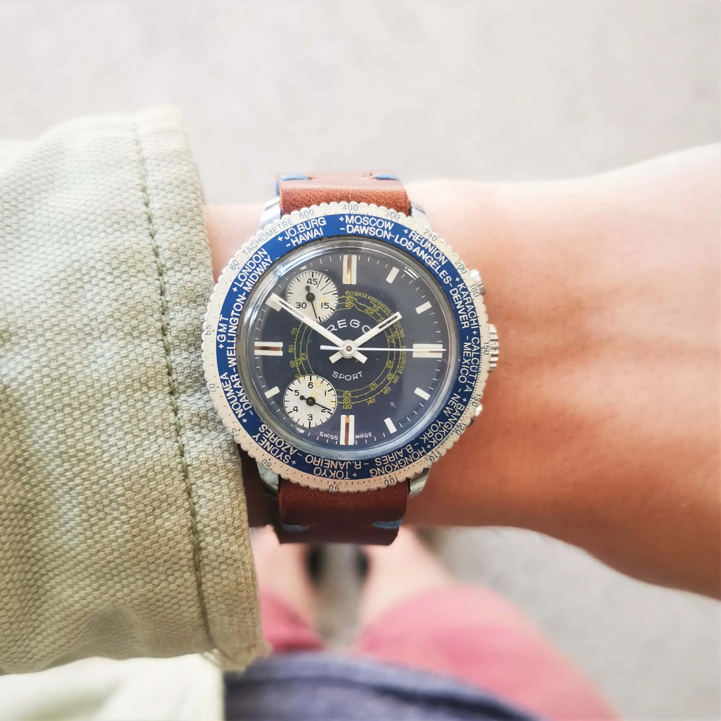 Vintage Men's Blue Swiss Rego Sport // Early 'Stop-Start' Chronograph Watch // With A Handcrafted Genuine Leather Strap