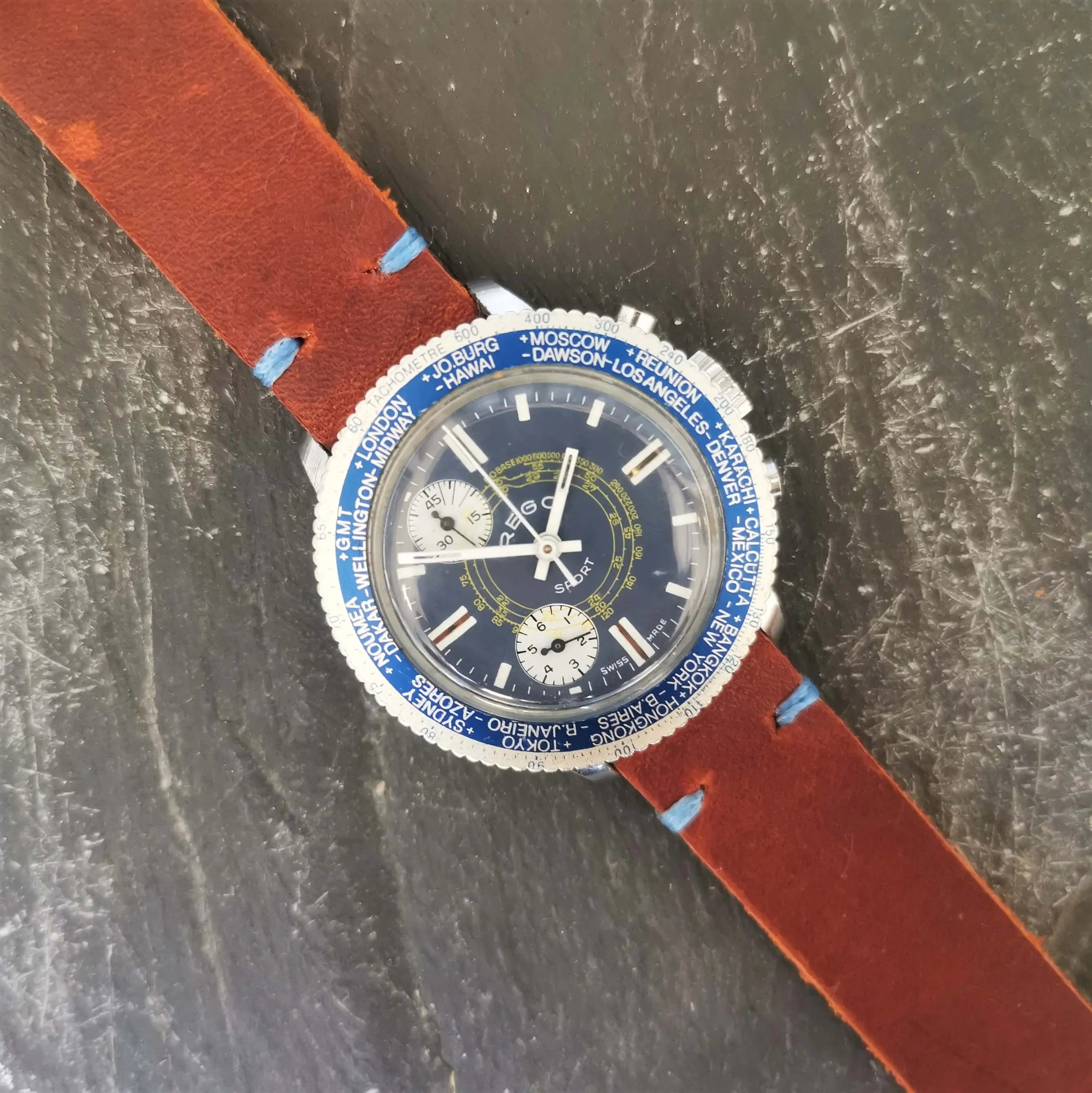 Vintage Men's Blue Swiss Rego Sport // Early 'Stop-Start' Chronograph Watch // With A Handcrafted Genuine Leather Strap