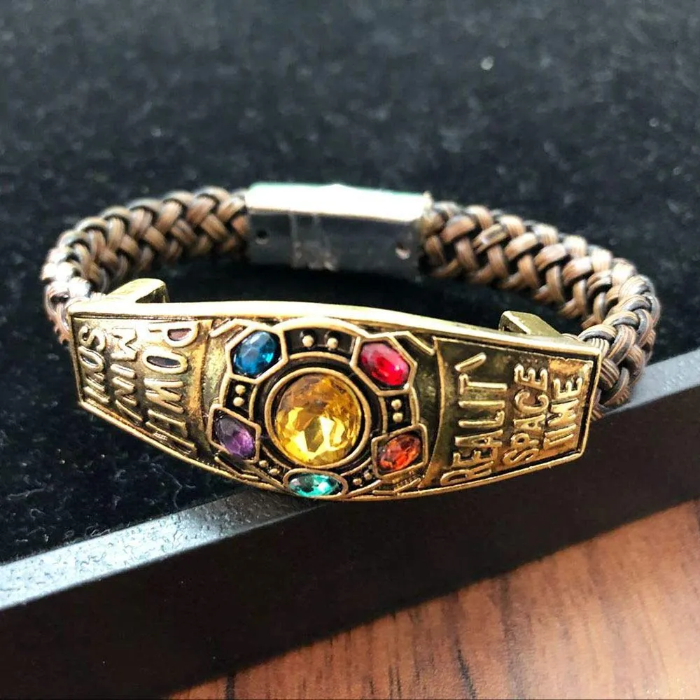 Yellow Chimes Bracelets for Men and Boys Black Leather Bracelet for Men Avengers Infinity War Thanos 6 Gauntlet Power Stones Leather Bracelet for Boys and Men