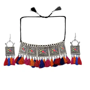 Yellow Chimes German Silver Oxidised Afghani Style Meenakari Touch Tassel with Cotton Threads Choker Necklace Set with Earrings Jewellery Set for Women & Girls (MultiColor)